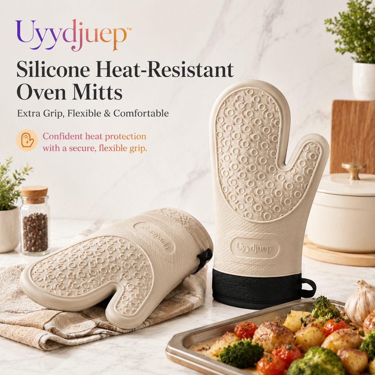Uyydjuep™ Silicone Heat-Resistant Oven Mitts – Extra Grip, Flexible & Comfortable Kitchen Gloves