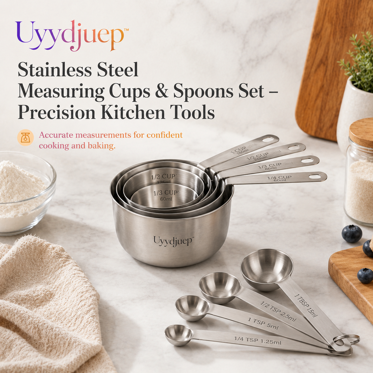 Uyydjuep™ Stainless Steel Measuring Cups & Spoons Set – Precision Kitchen Tools for Baking