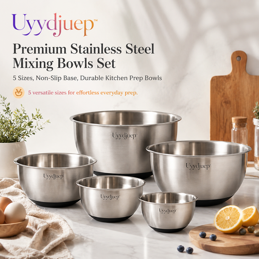 Uyydjuep™ Premium Stainless Steel Mixing Bowls Set – 5 Sizes, Non-Slip Base, Durable Kitchen Prep Bowls