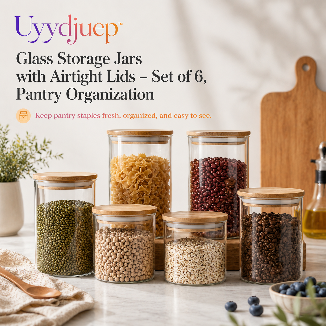 Uyydjuep™ Glass Storage Jars with Airtight Lids – Set of 6, Pantry Organization Containers
