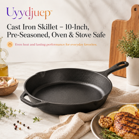 Uyydjuep™ Cast Iron Skillet – 10-Inch, Pre-Seasoned, Oven & Stove Safe Frying Pan