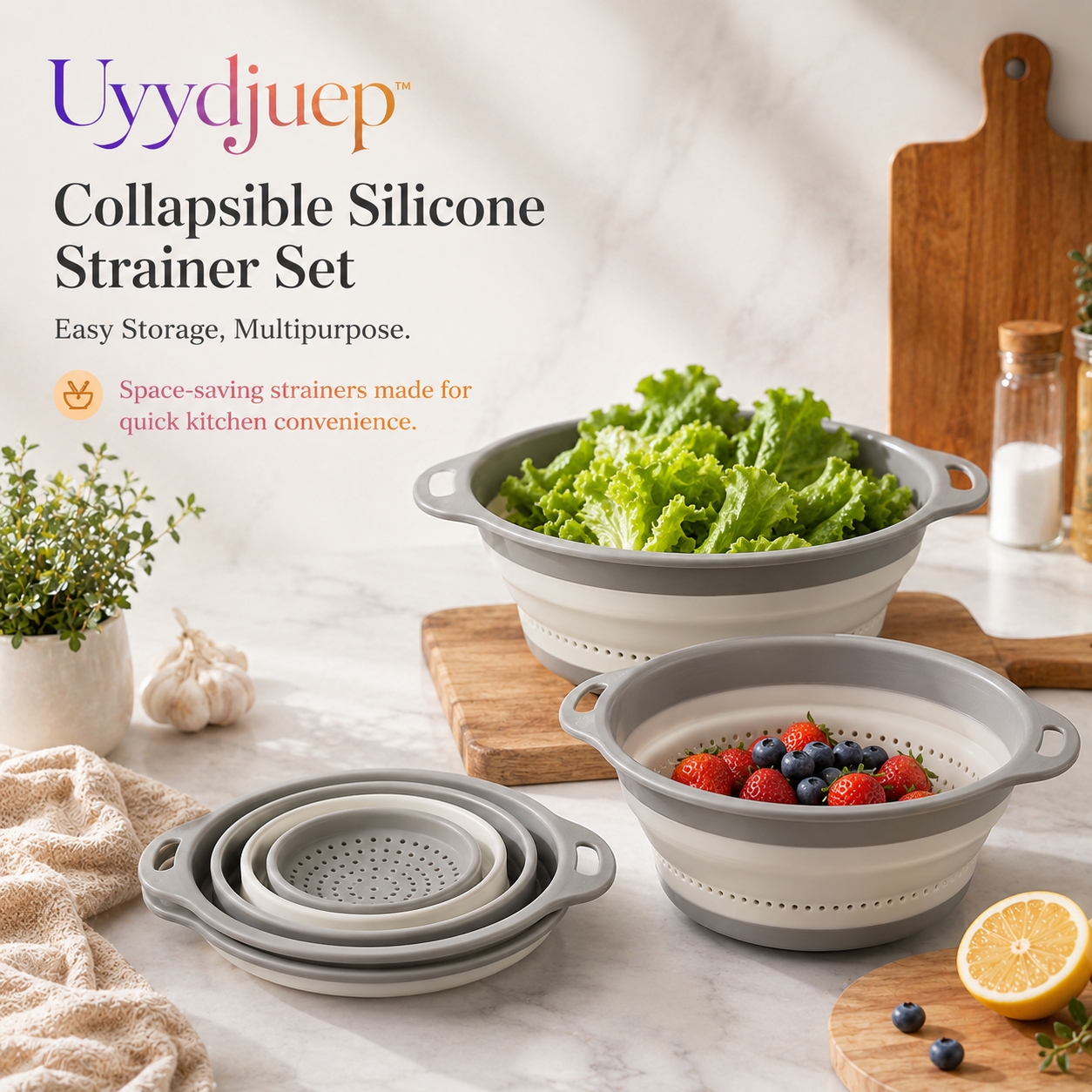 Uyydjuep™ Collapsible Silicone Strainer Set – Easy Storage, Multipurpose Pasta & Produce Colanders